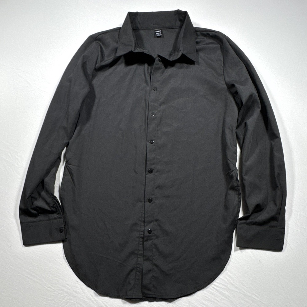SHEIN Men's L Black Solid Long Sleeve Point Collar Button Dress Shirt Polyester